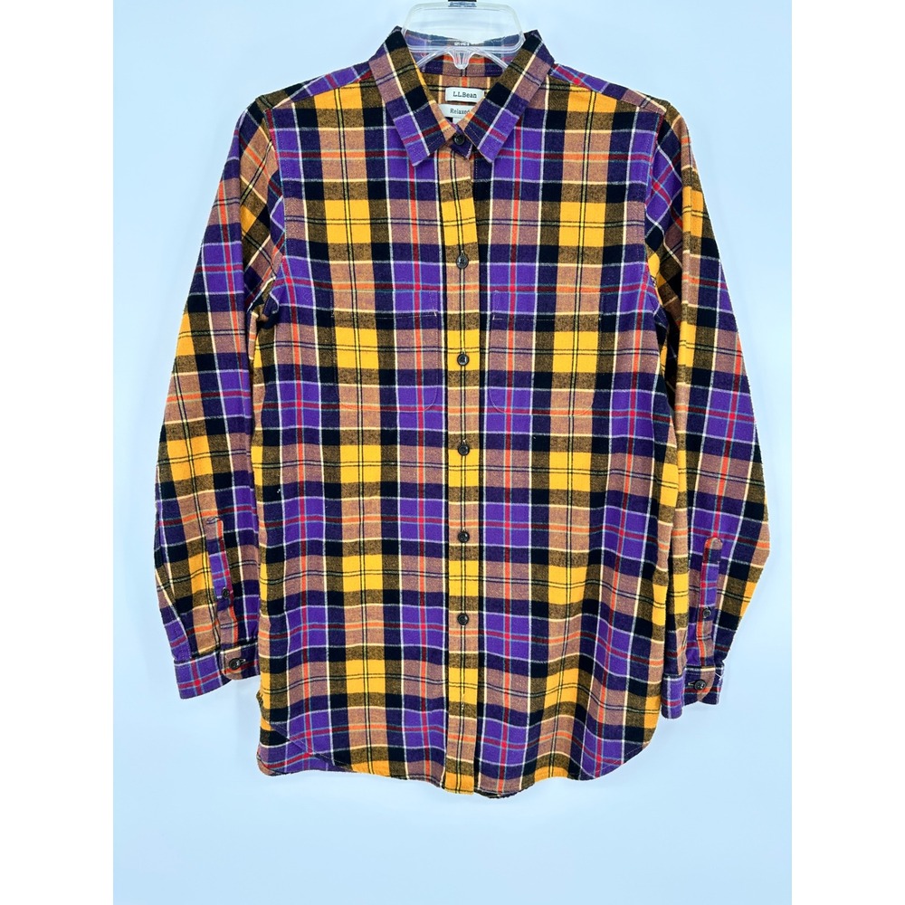 LL Bean Relaxed Fit Flannel Shirt Womens XS Purple Yellow‎ Black Plaid